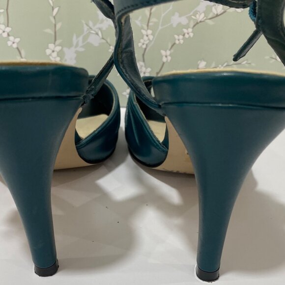 Vintage Bitten SJP Teal High Heel Peep Toe Sandals Size 7 Leather Upper Womens - Picture 5 of 7